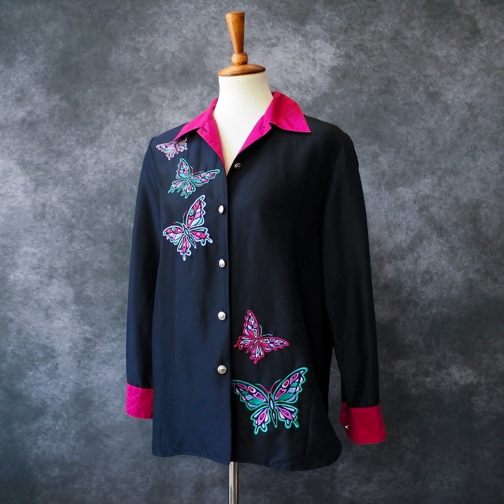 Vintage Bob Mackie Wearable Art Silk Butterfly Embroidered Black Pink Top Size S
